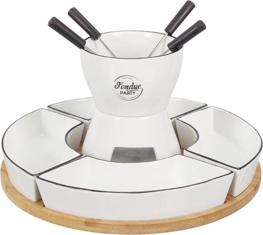 CASA DI ELTURO Fondue Set voor 4 Personen – Bamboe en Porselein – Inclusief Schalen en Vorkjes – 30 x 30 x 19 cm