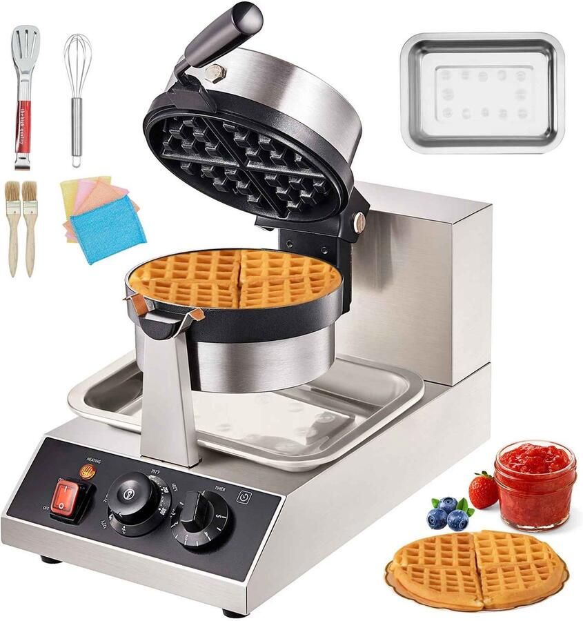 Casa Living Elektrische Wafelijzer Ronde Wafelmaker RVS Behuizing Antiaanbaklaag Instelbare Temperatuur 1300W Zilver