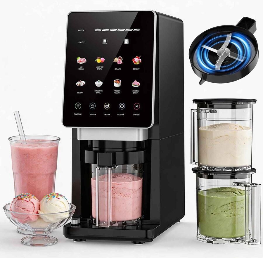 Casa Living Ijsmachine Met 8 programma's Zelfreinigend Mix In en Re-Spin Functie Vaatwasserbestendige Onderdelen Zwart