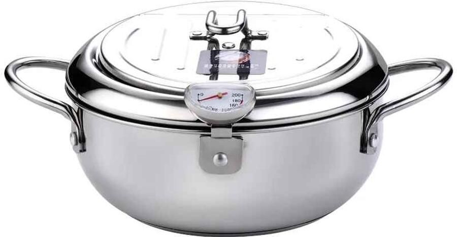 Casa Living Japanse Frituurpan RVS Tempura Frituurpan Thermometer en Deksel 3L Inhoud Geschikt voor Gas en Inductie