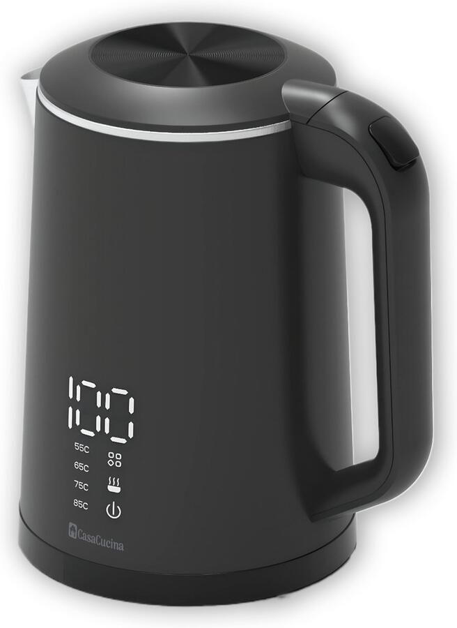 CasaCucina Waterkoker Met Temperatuurregeling Elektrisch 2200W Warmhoudfunctie LED Display Dubbelwandig Cool Touch 1 7 Liter Zwart RVS