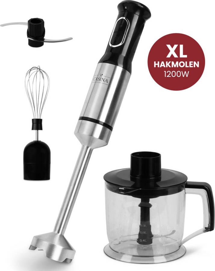 Casina Kitchen Staafmixer Set Mixer 4-in-1 Hakmolen XL 1200 Watt Garde Maatbeker 800ML RVS