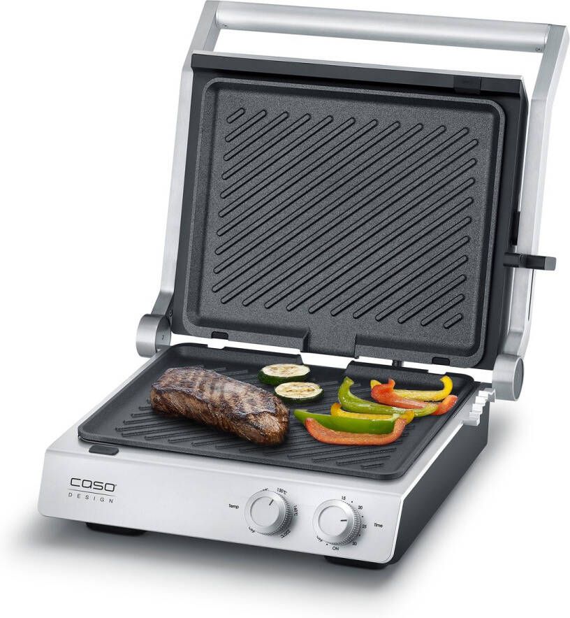 Caso Design CASO SteakChef 2837 Elektrische dubbele contactgrill en tafelgrill 2400W RVS behuizing met glasdeksel Uitneembare keramische grillplaten