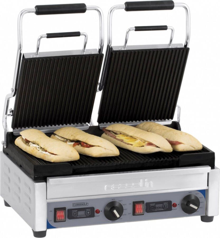 Casselin PANINI GRILL PREMIUM DUBBEL GERIBBELDE MET TIMER