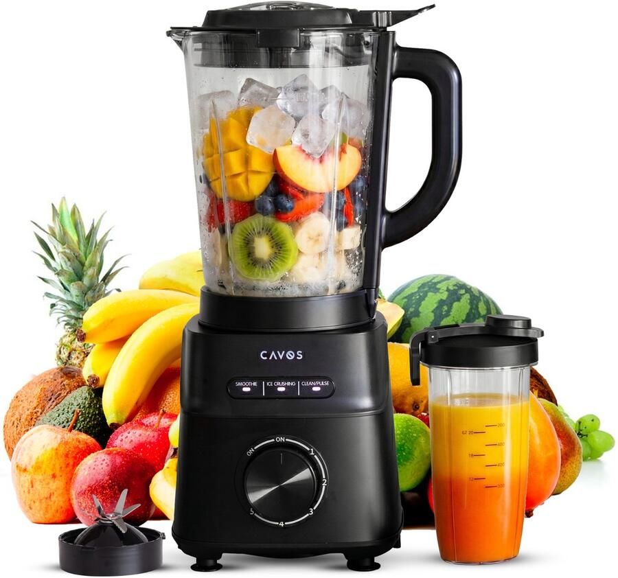Cavos Blender 1200W Smoothie Blender met Glazen Kan 1 5L & To-Go Beker 600ml Ice Crush Krachtige power blender 5 Snelheden RVS Zwart