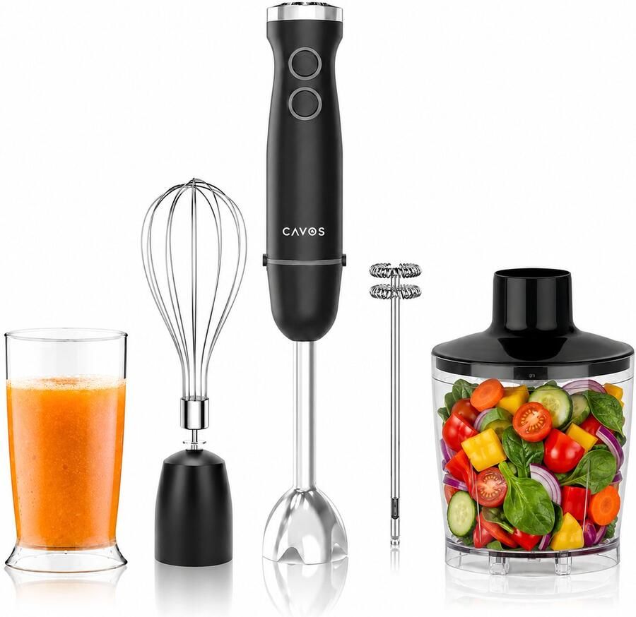 Cavos Staafmixer 5-in-1 set 1500W 20 Snelheden + Turbofunctie Vaatwasserbestendig Incl. Hakmolen garde melkopschuimer & Maatbeker RVS