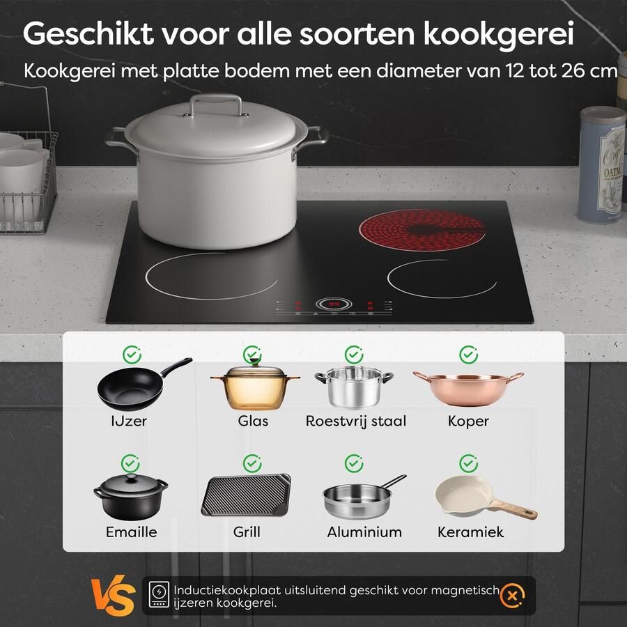 CDV ER604 -Inbouw Elektrische keramische kookplaat 60 cm 3 zones Timer & 9 standen 6000 W