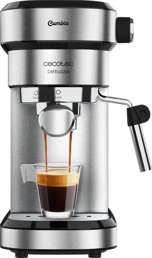Cecotec Espressomaschine Cafelizzia 790 Steel für Espressos und Cappuccinos. 1350 W Portafilterarm mit Doppelauslauf und zwei Filtern 20 Bar Druck abnehmbarer 1 2-Liter-Tank Edelstahl