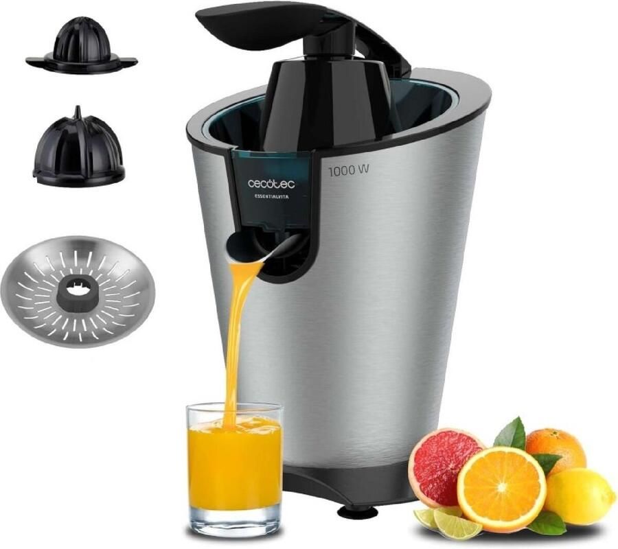 Cecotec Elektrische Zitruspresse für Orangen EssentialVita PowerFresh 1000 Inox. 1000W Rostfreier Filter Abnehmbare Kegel Druckhebel Tropfstopp-System Leicht zu Reinigen Elegantes Design