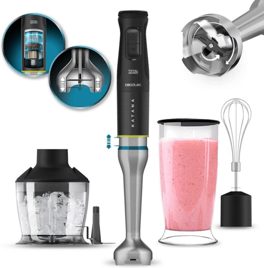 Cecotec Handmixer Katana 15 TotalDestroy Chop B. 1500 W dubbele messen 21 snelheden en turbo 4 messen met zwart titanium ext