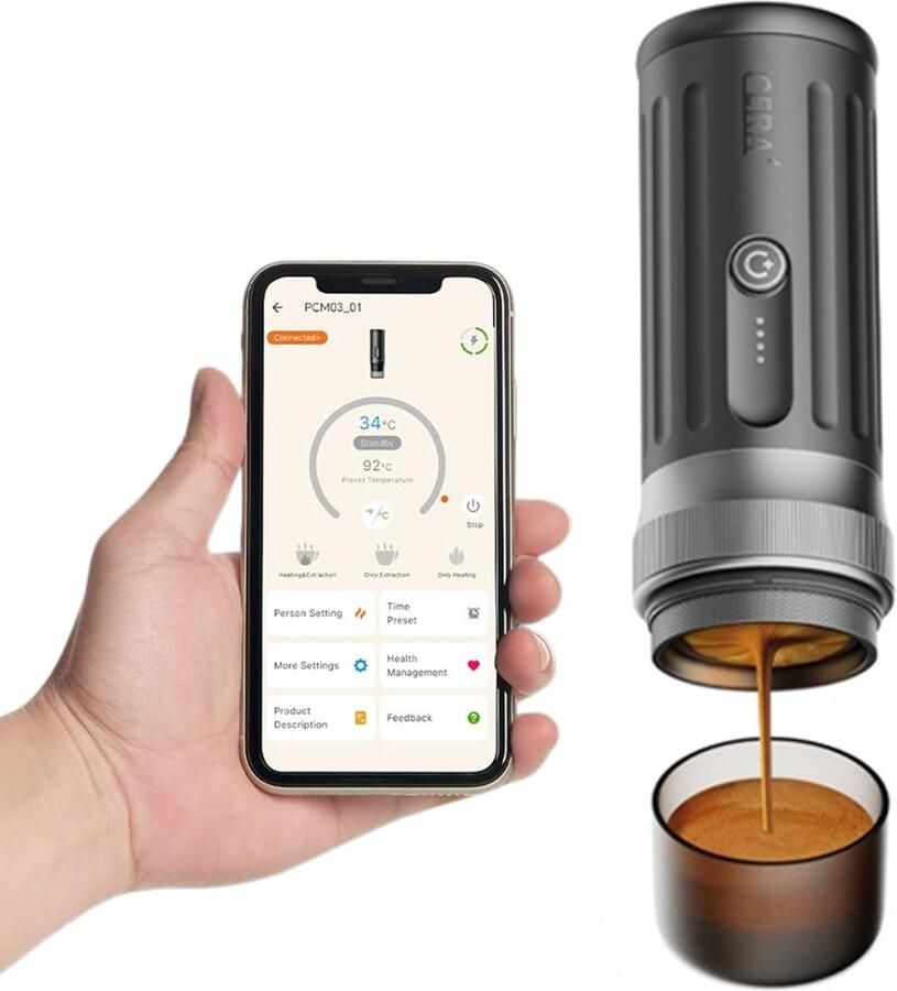 Cera+ Ceramax draagbare espressomachine 3e gen 13500 mAh batterij bodemloze 58mm portafilter tot 8 kopjes zonder opladen 150s tot 96°C pre-infusie klassieke espresso draagbare koffiemachine reis & camping koffiezetapparaat 12 volt