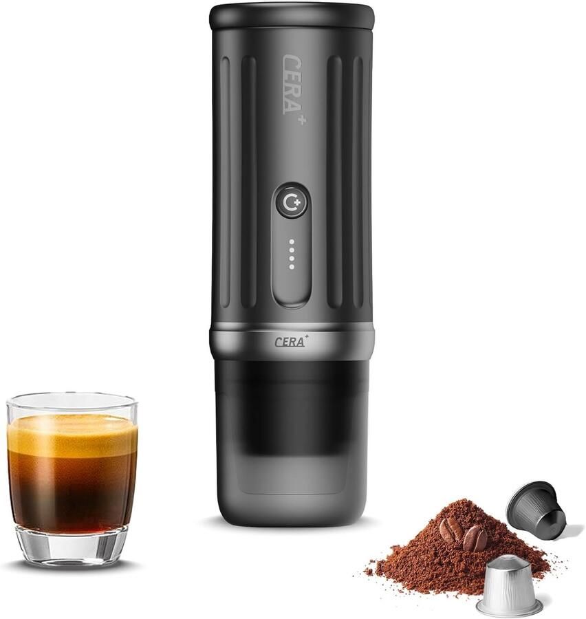 Cera+ Cerapresso draagbare elektrische espressomachine 3e gen 13500 mAh batterij geen laadstress 5 tot 8 kopjes per lading 150s tot 96°C capsules en gemalen koffie 20 bar RVS filtermand voor dubbele espresso snelladen