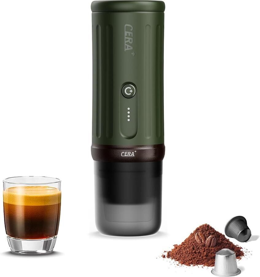 Cera+ Cerapresso draagbare espressomachine 3e gen 13500 mAh batterij tot 8 kopjes zonder opladen 150s tot 96°C cups en gemalen koffie dubbele espresso draagbare koffiemachine koffiemaker reis & camping koffiezetapparaat 12 volt