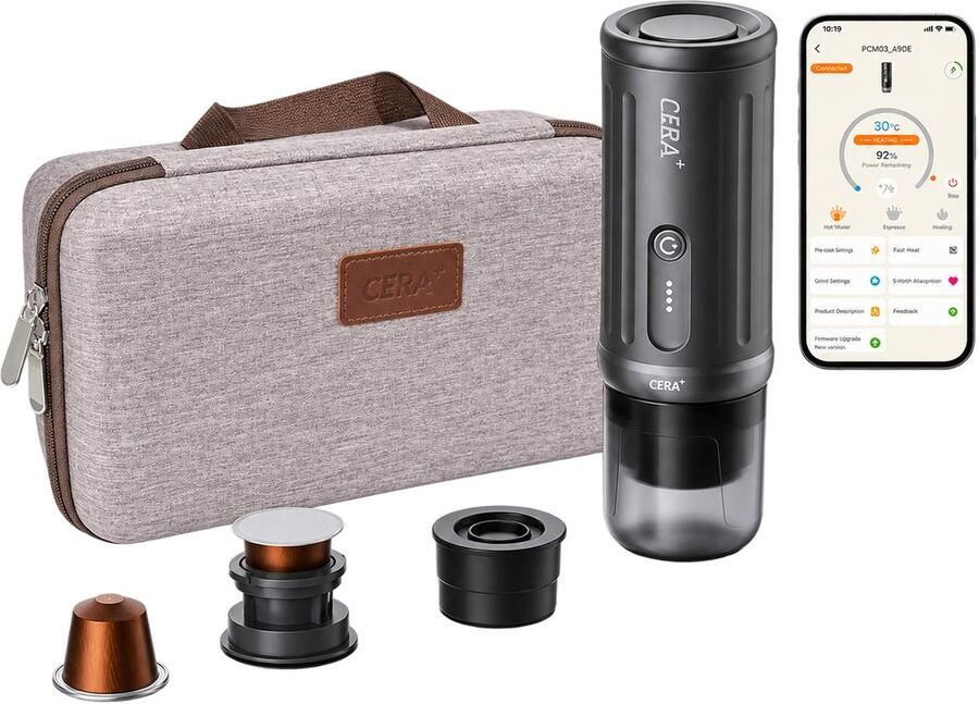 Cera+ Cerapresso Travel Kit draagbare espressomachine Bluetooth-app temperatuurkeuze tot 96°C pre-infusie en instelbare starttijd dubbele espresso capsules en gemalen koffie 13.500 mAh accu tot 8 espresso s per lading reiskoffer