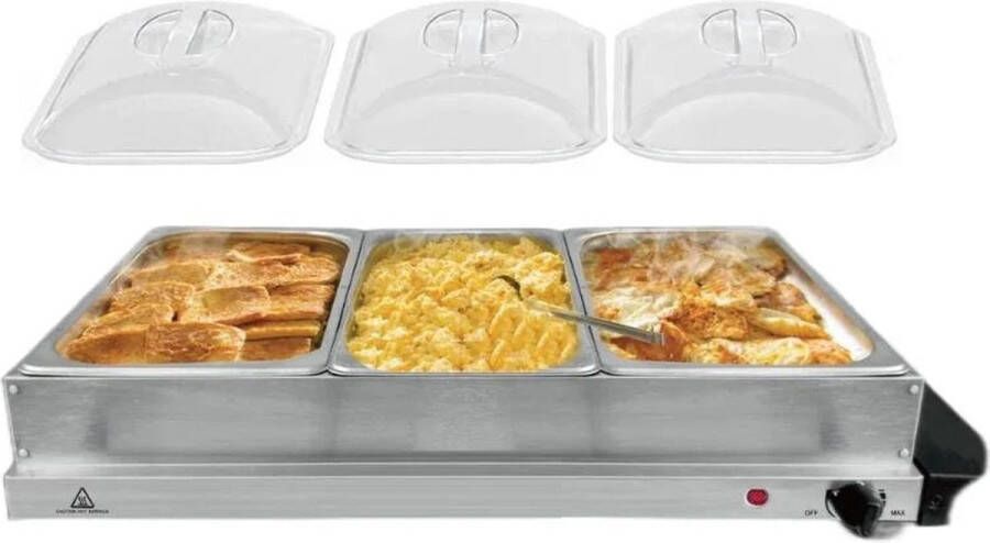 Cheffinger Buffetwarmer Warmhoudplaat Voedselwarmer 3x2.4L Roestvrij Staal