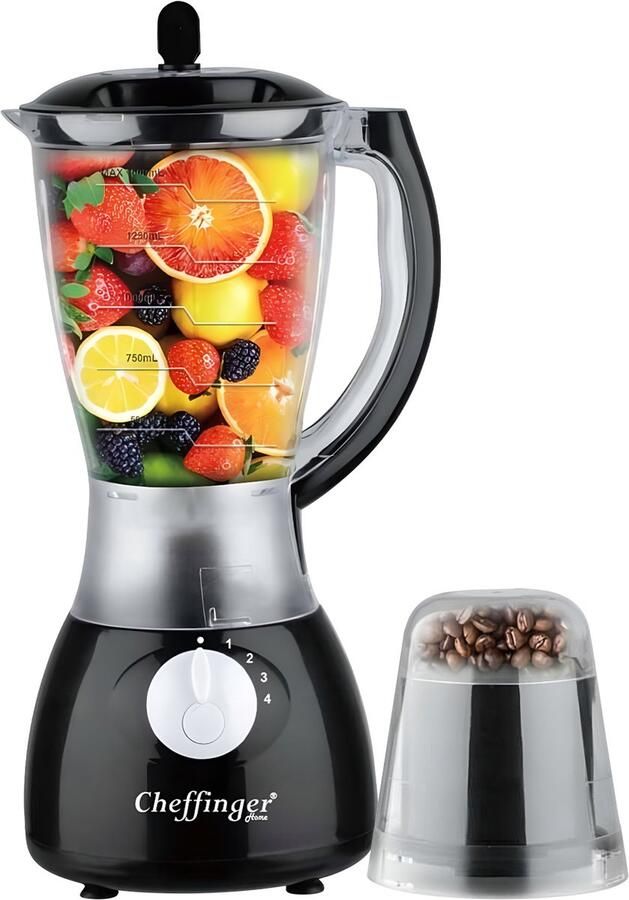 Cheffinger Blender 1 5L 1000W met 4 Snelheden en Hakmolen 6 Roestvrijstalen Messen Zwart