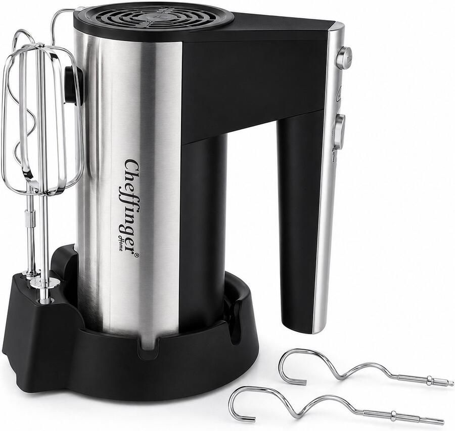 Cheffinger Handmixer 200W RVS 5 Snelheden Inclusief Deeghaken & Gardes Zwart RVS