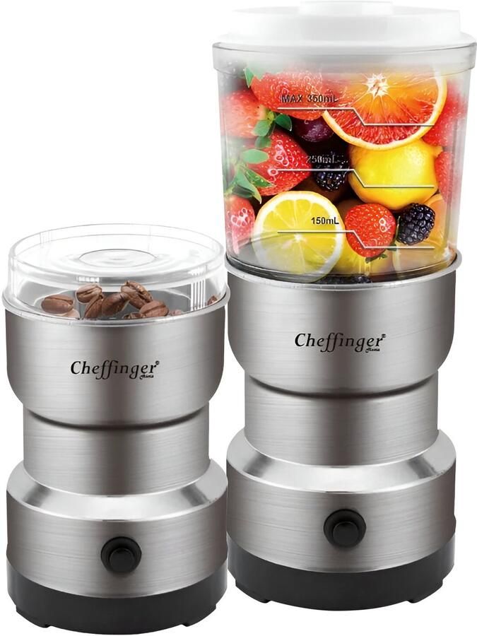 Cheffinger Mini-Blender 300W 2-in-1 met roestvrijstalen messen en koffiemolenfunctie Grijs