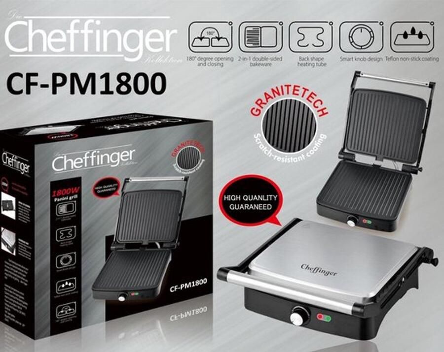 Cheffinger RVS Paninigrill Contactgrill 1800 Watt Vermogen Antiaanbaklaag - Foto 1