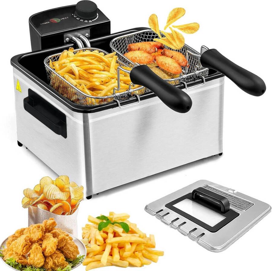Cheffinger Friteuse 5L RVS 2000W Met Kijkvenster & 3 Uitneembare Frituurmand Frituurpan