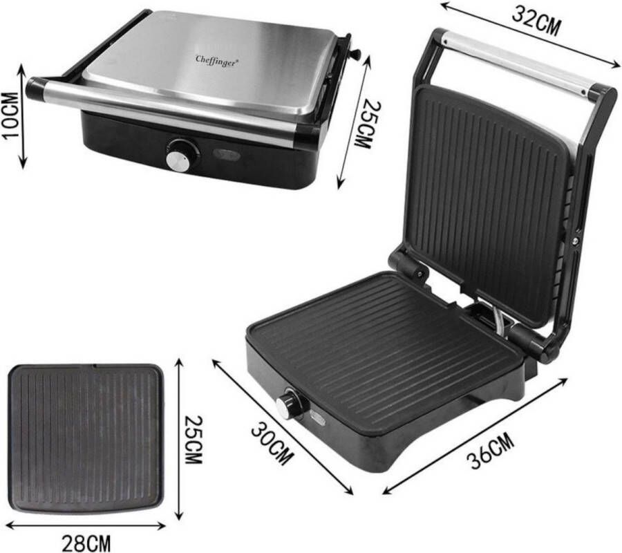 Cheffinger RVS Paninigrill Contactgrill 1800 Watt Vermogen Antiaanbaklaag