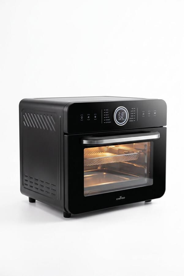 Chefino Airfryer Oven – Heteluchtoven met 12 Automatische Programma's – Multifunctionele Mini Oven – Digitaal Display – Bakken Grillen Roosteren Ontdooien & Drogen – Inclusief Bakplaat en Airfrymand – Zwart