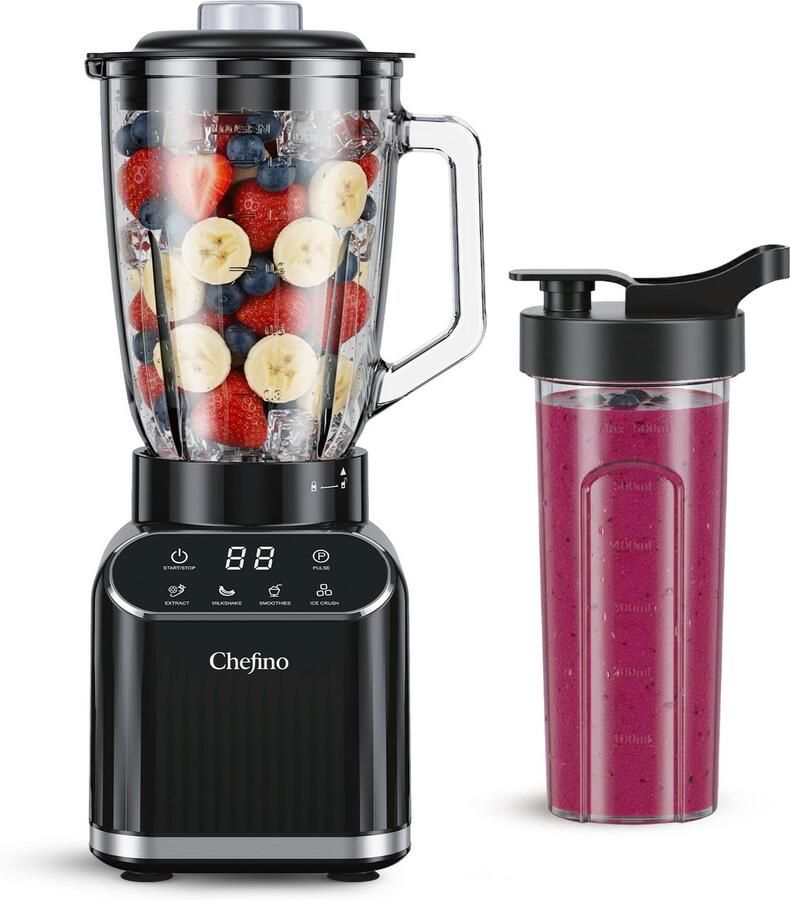 Chefino Blender 1400W – Krachtige Smoothie Blender met Glazen Kan 1 5L – Inclusief 700 ml To-Go Beker – 6-Blads & 4-Blads Mes – IJscrusher – Zelfreinigend – Keukenblender voor Smoothies & Shakes