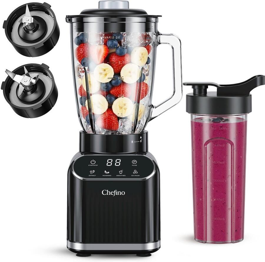 Chefino Blender 1400W – Krachtige Smoothie Blender met Glazen Kan 1 5L – Inclusief 700 ml To-Go Beker – 6-Blads & 4-Blads Mes – IJscrusher – Zelfreinigend – Keukenblender voor Smoothies & Shakes