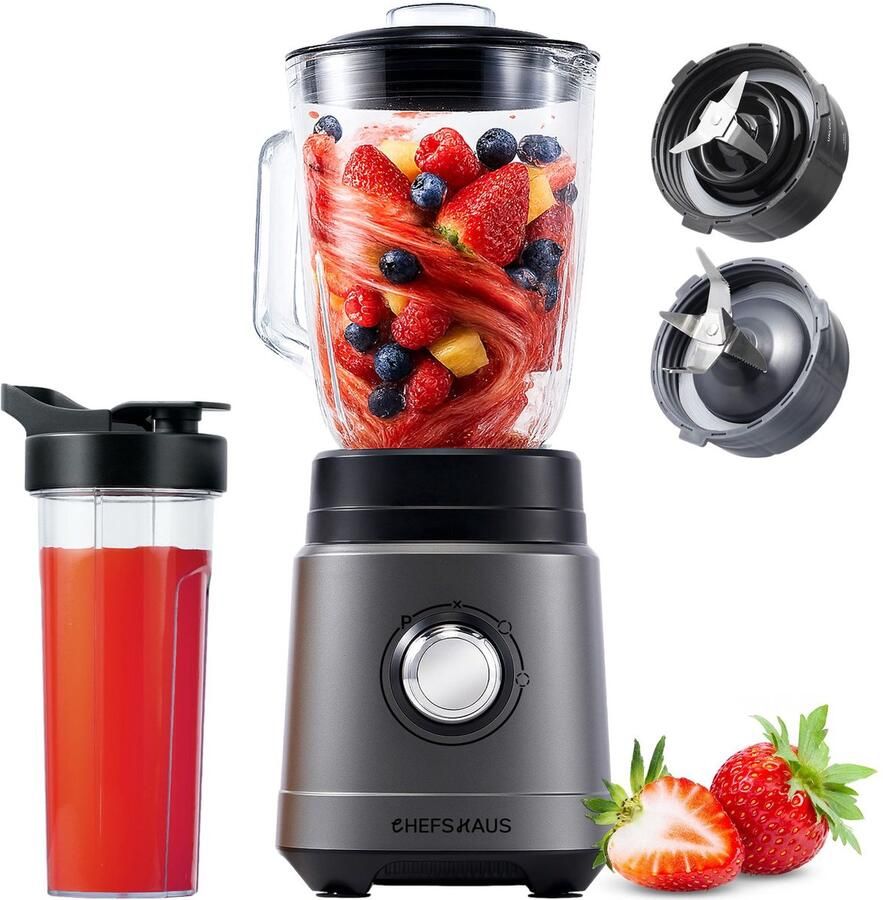 CHEFSHAUS Kitchen Blender 1 5L Glas & 700ml To-Go beker Grijs Zwart 1200W Smoothie maker BPA-vrij