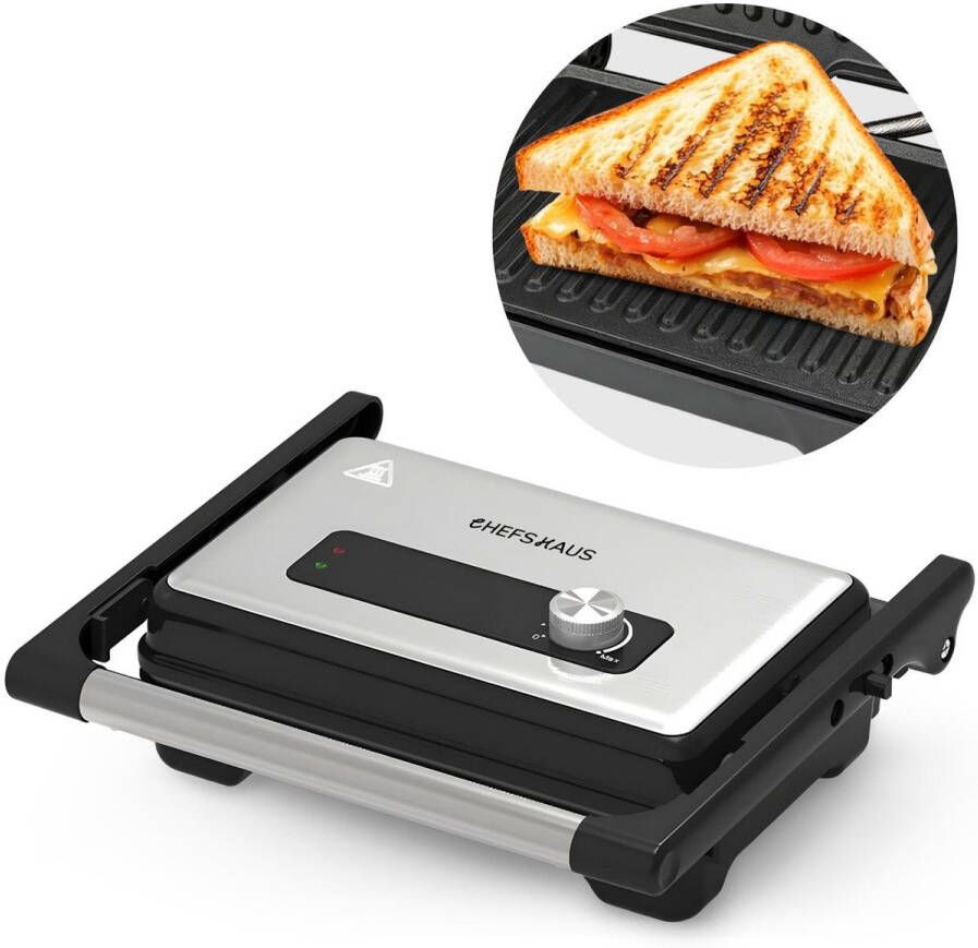 CHEFSHAUS Grillmate Grill Aparaat Tosti Apparaat Contactgrill Tosti IJzer met grillplaat Anti-Aanbaklaag PFAS vrij 180° Uitklapbaar Meerdere Standen Cool Touch Panini Grill Croque Monsieur Toestel - Foto 2