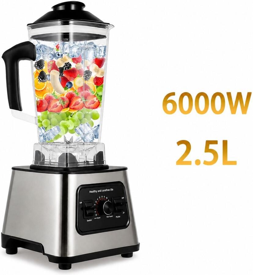 Chelsey-store Smoothie maker Blender Tafelblender Krachtige Mixer RVS 6000 Watt 2 5 Liter Zilver-Zwart