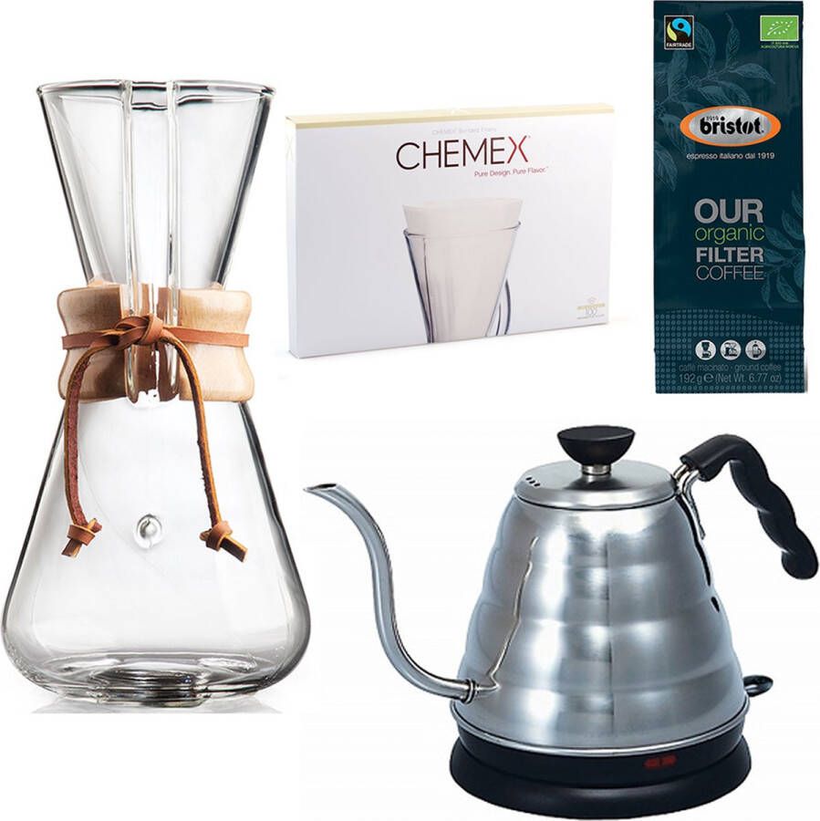 Chemex Coffeemaker slow coffee starter kit 3-Kops + Hario Buono Elektrische Waterkoker - Foto 1