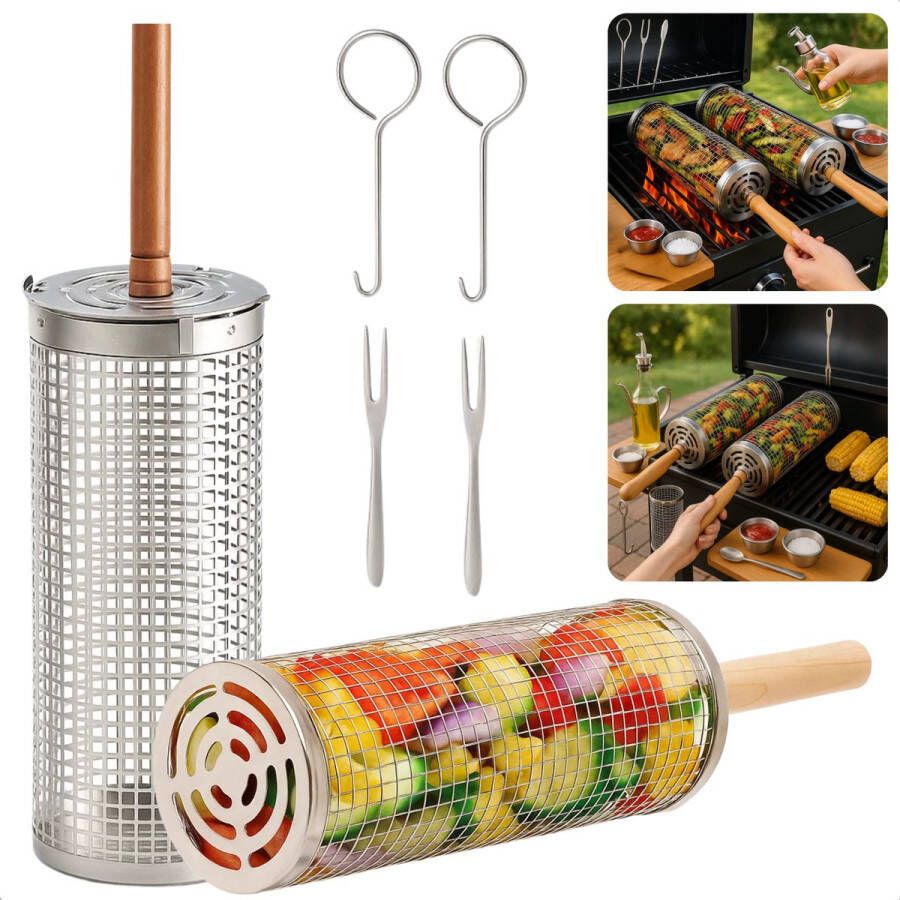 Cheqo BBQ Grillmand Set Rollend Grillrooster Roestvrij Staal Barbecue Accessoires Houten Handvat Vlees Vis en Groenten Gelijkmatige Verhitting 30 CM Grillmand Set van 2 BBQ Gereedschap Cilinder Grillmand Buiten Koken