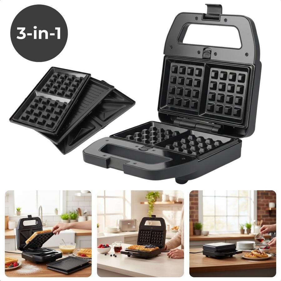 Cheqo 3-in-1 Toaster – Verwisselbare Bakplaten – Tosti Grill Wafelijzer – Belgische Wafels – Tostiijzer Wafelijzer Grill Wafel Ijzer Tosti Ijzer Wafels Maken Tosti Grill Grillplaat Tosti Grill IJzer