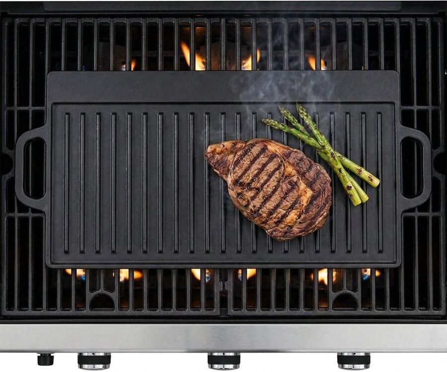 Cheqo BBQ Grillplaat Gietijzer Dubbelzijdig Bakplaat Plancha Braadplaat Grillrooster BBQ Plaat Geribbeld en Glad voor Barbecue en Kampvuur Open Vuur