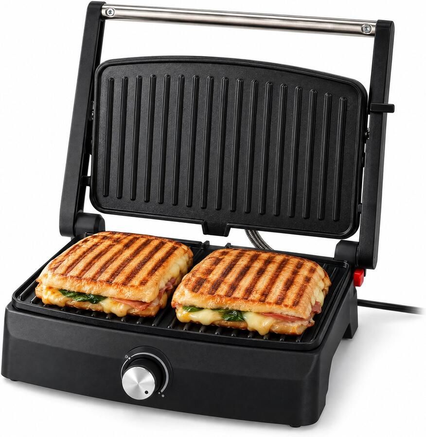 Cheqo Contactgrill 750W Panini Grill Tosti Apparaat Tosti IJzer Grillapparaat Tafelgrill 180° Openklapbaar Elektrische Grillplaat Sandwich Grill Regelbare Thermostaat PFAS-Vrije Anti-Aanbaklaag Indicatielampje Zwart Zilver