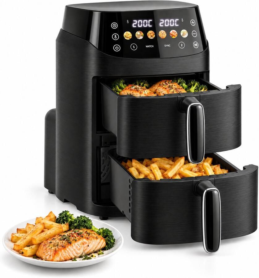 Cheqo Dubbele Airfryer Heteluchtfriteuse Verticale Airfryer met 2 Lades Airfryer met Dubbele Mand Dual Zone Airfryer Stack Airfryer Dubbele Heteluchtfriteuse Zwarte Airfryer Air Fryer Airfryer voor Kleine Keuken