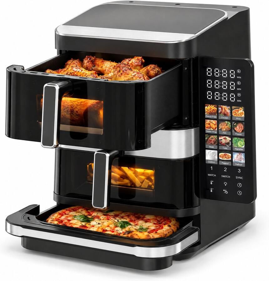 Cheqo Dubbele Airfryer met Pizza Oven Heteluchtfriteuse XXL met 2 Manden en Kijkvenster Pizzamaker Airfryer Dual Zone Friteuse zonder Olie Hetelucht Oven Touchscreen 12 Programma's PFAS-Vrij Pizzaoven 2800W Zwart