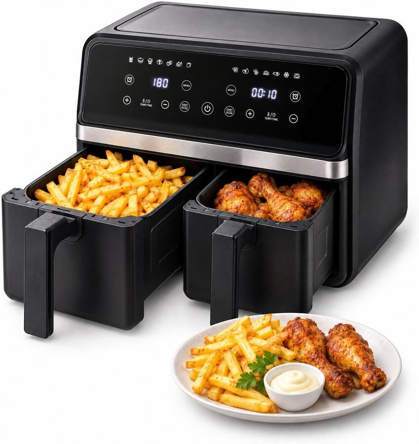 Cheqo Dubbele Airfryer met Twee Gelijke Manden Heteluchtfriteuse XXL Zwart Dual Zone met Twee Kookvakken Hetelucht Friteuse met Touchscreen Digitale Airfryer voor Gezin Frituurpan zonder Olie Snackpan met Grillplaat Airfryer Oven