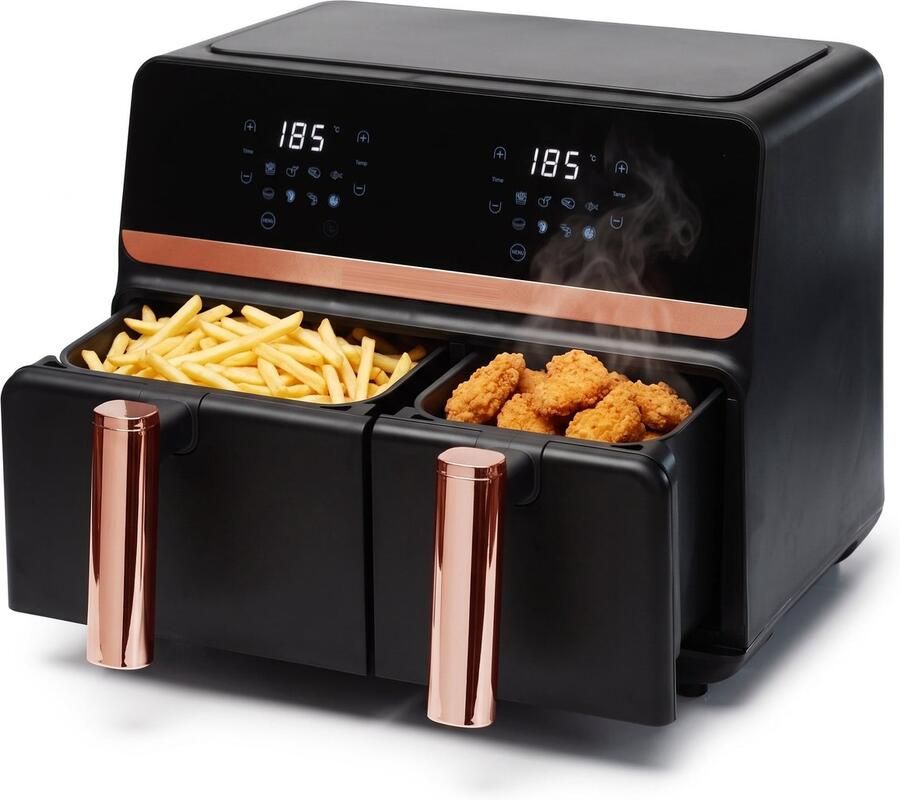 Cheqo Dubbele Airfryer XXL Heteluchtfriteuse Rosegoud Dual Zone met Twee Kookvakken Dubbele Mand Hetelucht Friteuse met Touchscreen Digitale Airfryer voor Gezin Frituurpan zonder Olie Snackpan Rose Gold met Grillplaat
