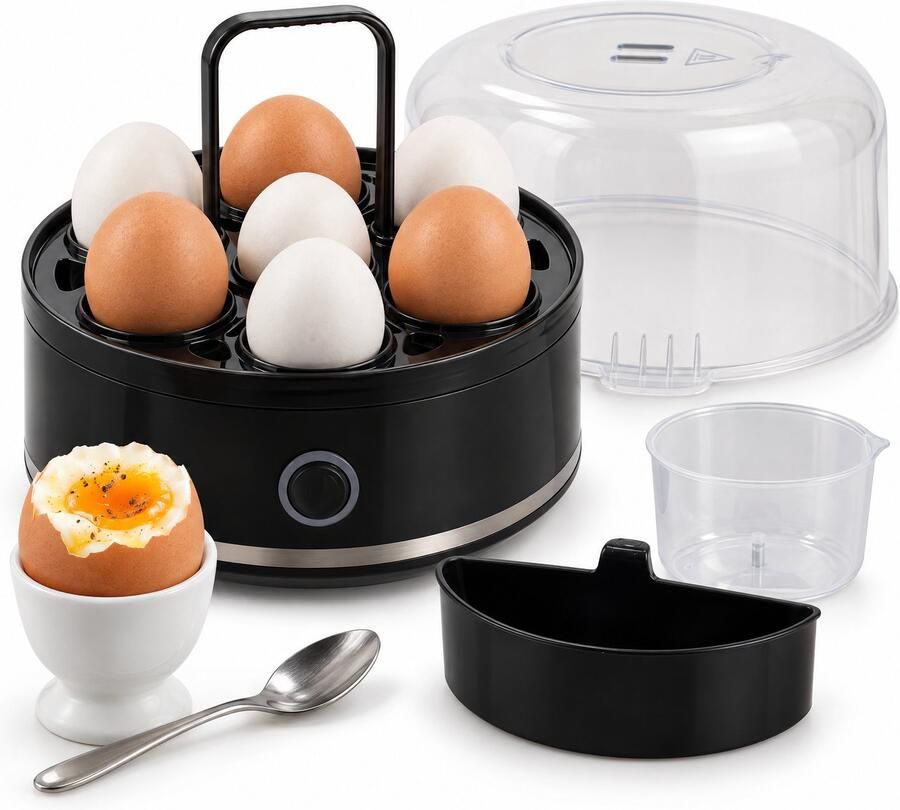 Cheqo Eierkoker voor 1 tot 7 Eieren Elektrische Eierkoker Zwart Egg Cooker Maatbeker met Eierprikker Uitneembaar Eierrek met Handvat Transparante Deksel Eieren Koken voor het Hele Gezin Klein Keukenapparaat voor Ontbijt
