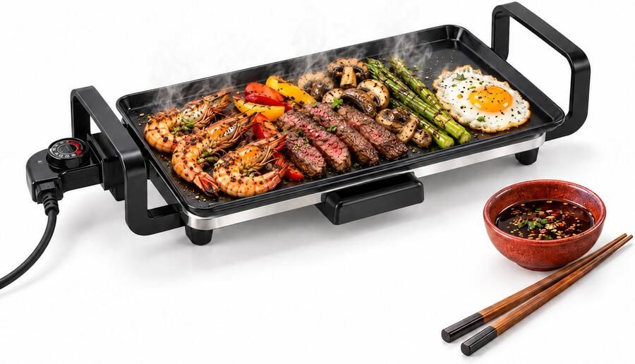 Cheqo Elektrische Bakplaat 45 cm Teppanyaki Grill Grillplaat Tafelgrill Gourmetplaat Plancha Japanse Grill Pannenkoekenplaat Regelbare Thermostaat PFAS-Vrije Anti-Aanbaklaag Opvangbakje Cool Touch Handgrepen