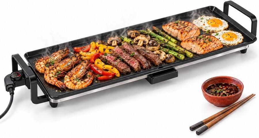Cheqo Elektrische Bakplaat 90 cm XXL Teppanyaki Grill Grillplaat Tafelgrill Gourmetplaat Plancha Japanse Grill Pannenkoekenplaat Regelbare Thermostaat PFAS-Vrije Anti-Aanbaklaag Opvangbakje Cool Touch Handgrepen