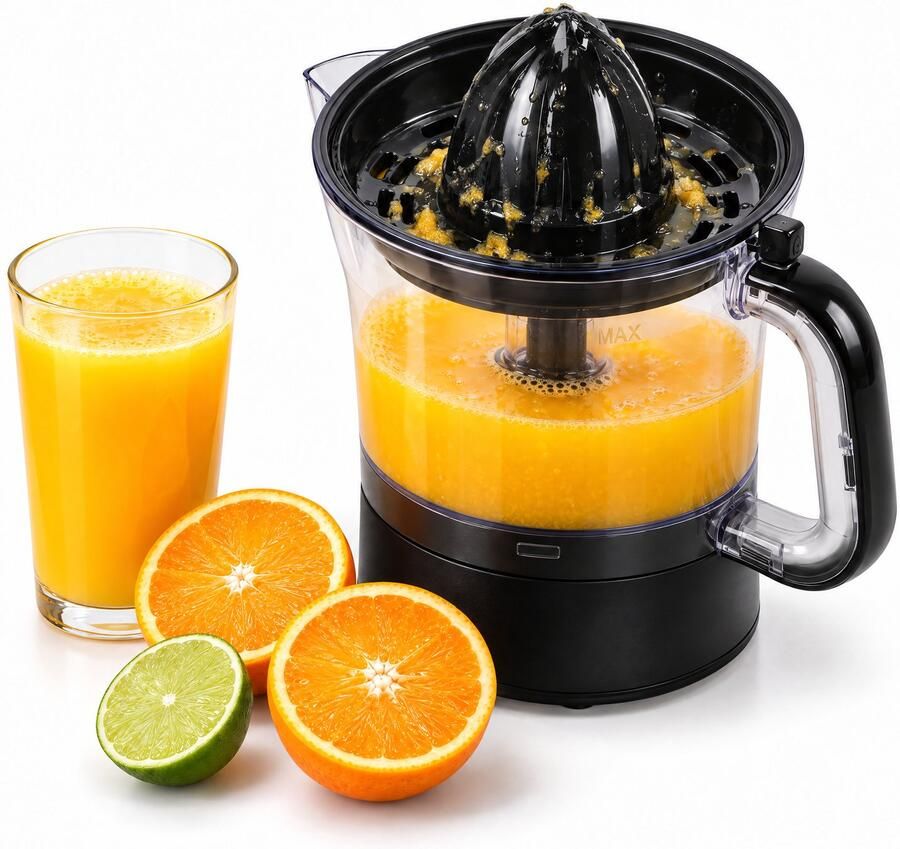 Cheqo Elektrische Citruspers Sinaasappelpers Citroenpers Fruitpers Sappers Limoenpers Citruspers met Kan 2 Perskegels Zeef en Stofdeksel 2 Draairichtingen Citrus Juicer 40W Zwart Transparant Keukenapparaat