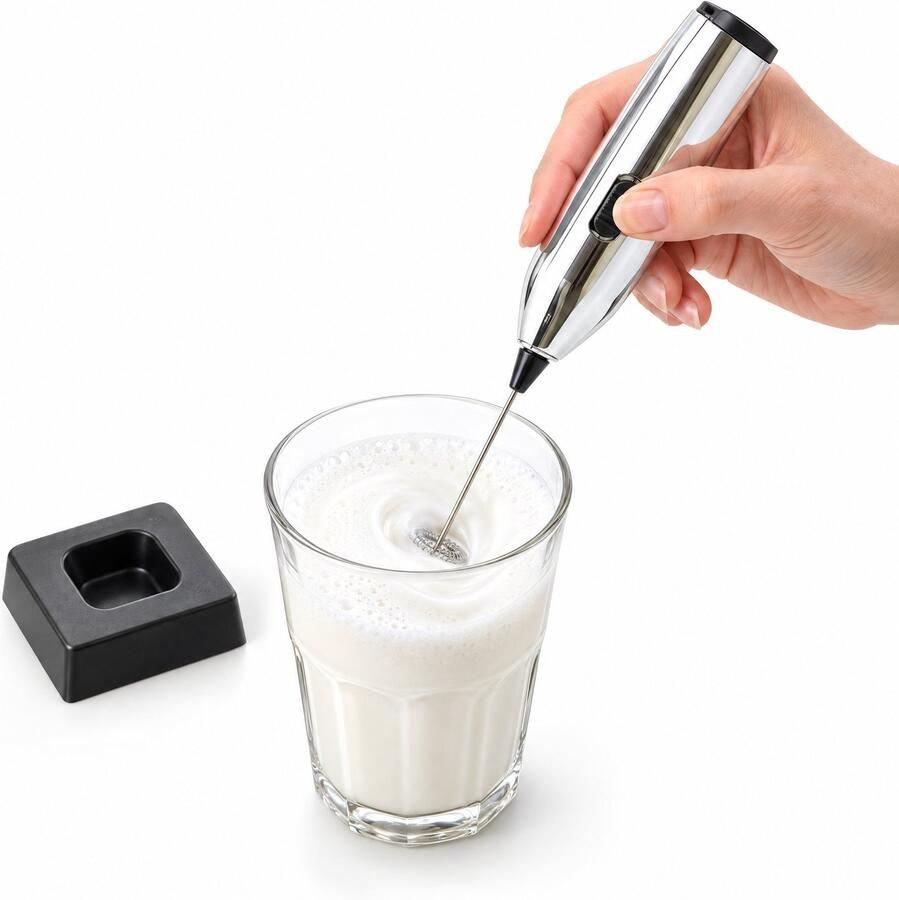 Cheqo Elektrische Melkopschuimer met Standaard Melkklopper op Batterijen Melkschuimer Handmatig Matcha Klopper Milk Frother Cappuccino Opschuimer Latte Macchiato Mini Handmixer Barista Accessoires Koffie Gadget Chroom