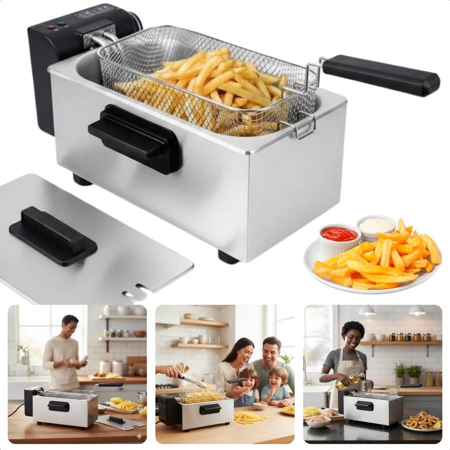 Cheqo Friteuse Regelbare Thermostaat Indicatielampje Uitneembare Tank Verwarmingselement PFAS-vrij Eenvoudig Te Reinigen RVS Zwart Functionele Friteuse Frituurpan Frituur Pan Frietpan Frituren