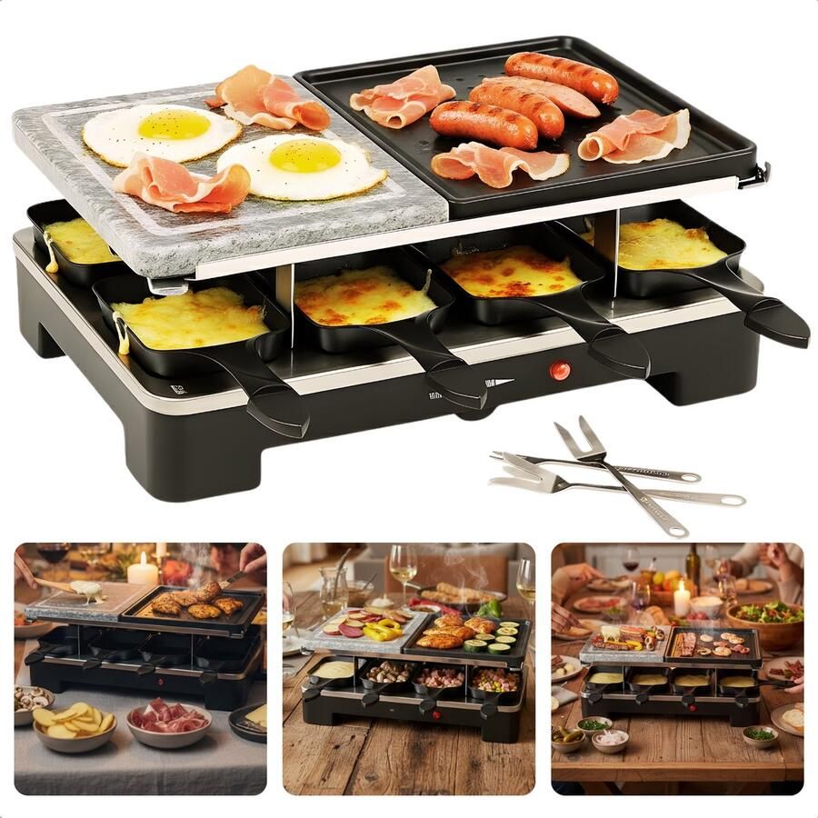 Cheqo Gourmetstel Voor 8 Personen Steengrill En Gewone Grill Gourmetten Met Vrienden Kerst Gourmetset 8 Mini-Pannetjes 9 Spatels Inbegrepen Gourmetten Grillplaat Gourmet Stel Tafelgrill