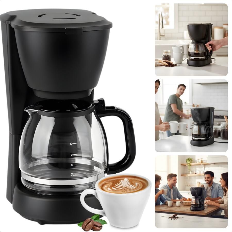 Cheqo Koffiezetapparaat met Glazen Kan Uitneembaar Filter Anti-Drup Functie Koffiezet Apparaat Filterkoffie Machine Warmhoudplaatje Koffiemachine Zwart Koffiezetapparaat Betrouwbare Koffiemachine