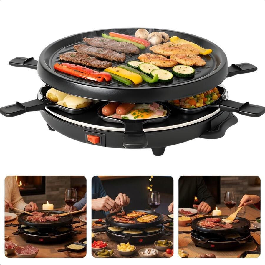 Cheqo Raclette Grill 6 Persoons Stalen Grillplaat Gourmet Gourmetten Antiaanbaklaag PFAS-Vrij Anti-Slip Voetjes Houten Spatels Eenvoudig Te Reinigen Compacte Raclette