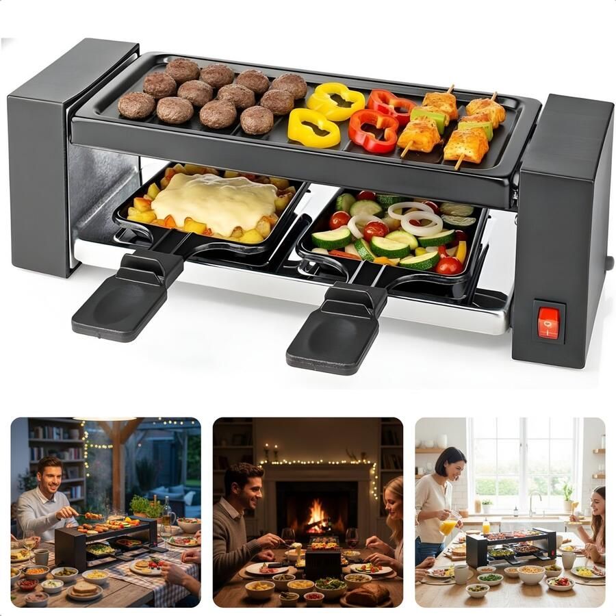 Cheqo Raclette Grill Gourmet Set Anti-Aanbaklaag Grillplaat Compacte Grill Anti-Slip Voetjes Mini Pannetjes Zwitserse Raclette Kerst Gourmet Set Gourmetten Grill Plaat Gourmetstel